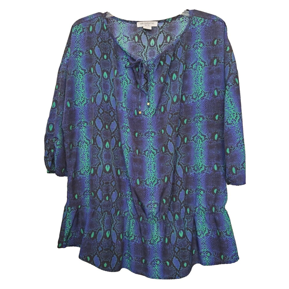 Liz Claiborne Snakeskin Print Elastic Waist Peplum Hem Tie-Neck Blouse Size PXL